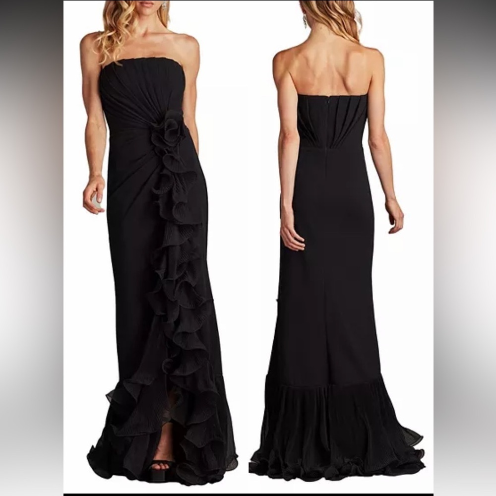 New Tadashi Shoji Pleated Strapless Ruffle Leith Ruffle Black Bos24386l Gown L